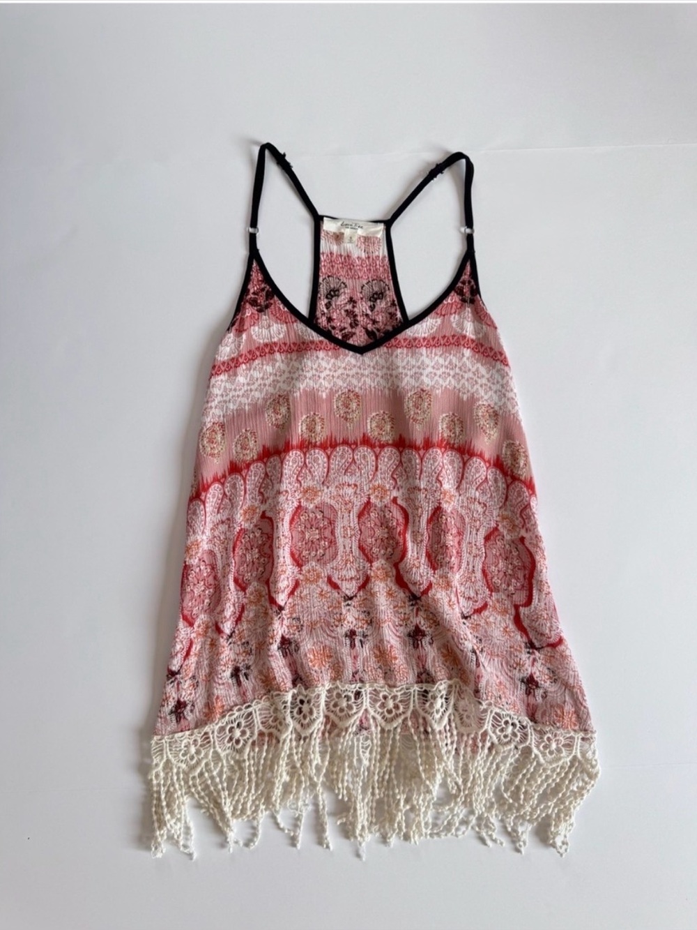 Love Tree Boho Pink and Orange Patterned Fringe Lace Hem Camisole,Size Small - Picture 2 of 7
